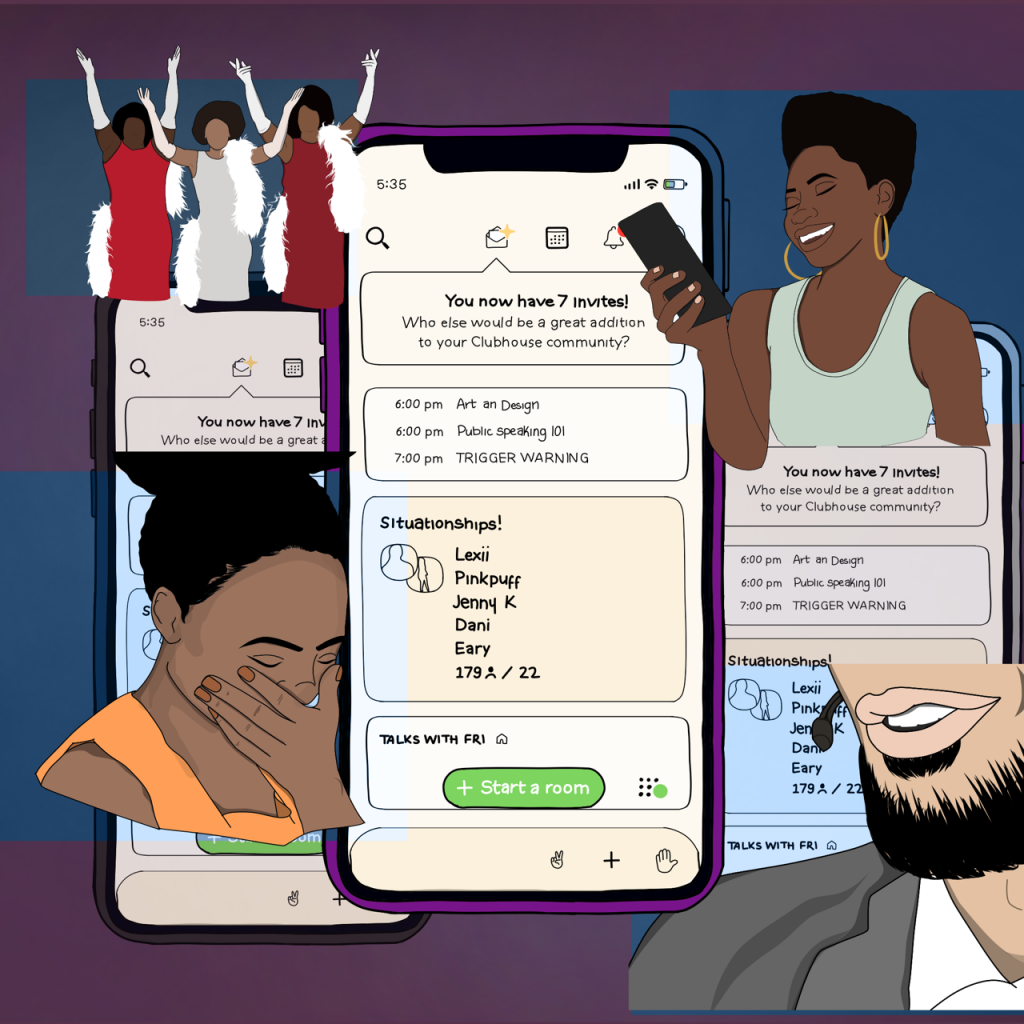Illustration of a mobile phone showing the clubhouse app and images of people looking at their phones, speaking and of Dreamgirls