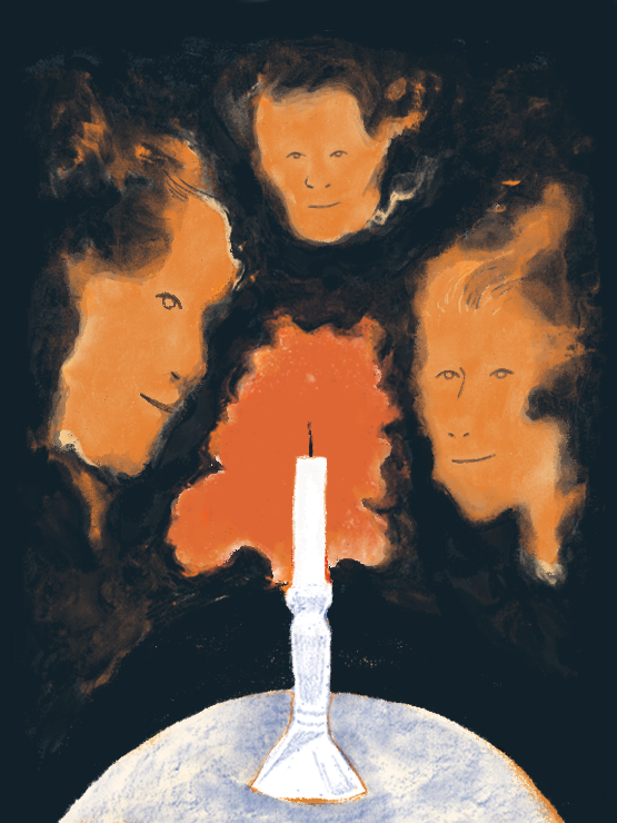 Illustration of three floating heads in orange around a candle on a dark grey blackground