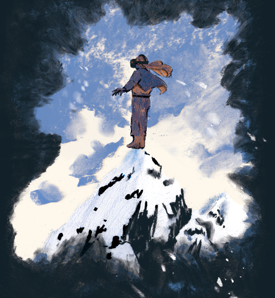Illustration of person atop a snowy mountain wearing a VR headset