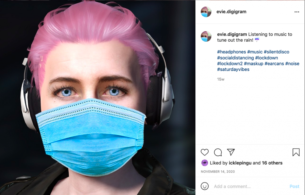 Instagram image of Evie wearing COVID mask with pink hair and headphones
