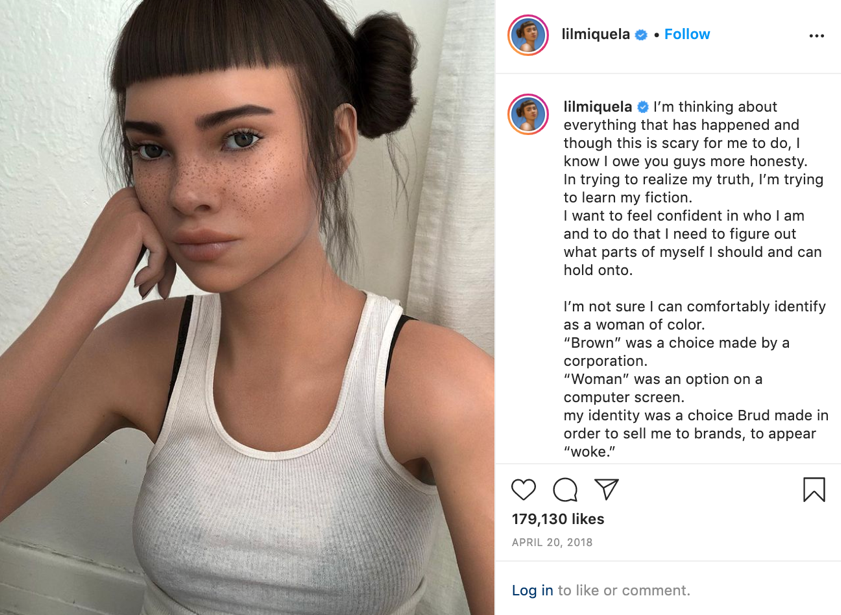 Instagram image of Lil Miquela talking about how her identity was constructed by a corporation