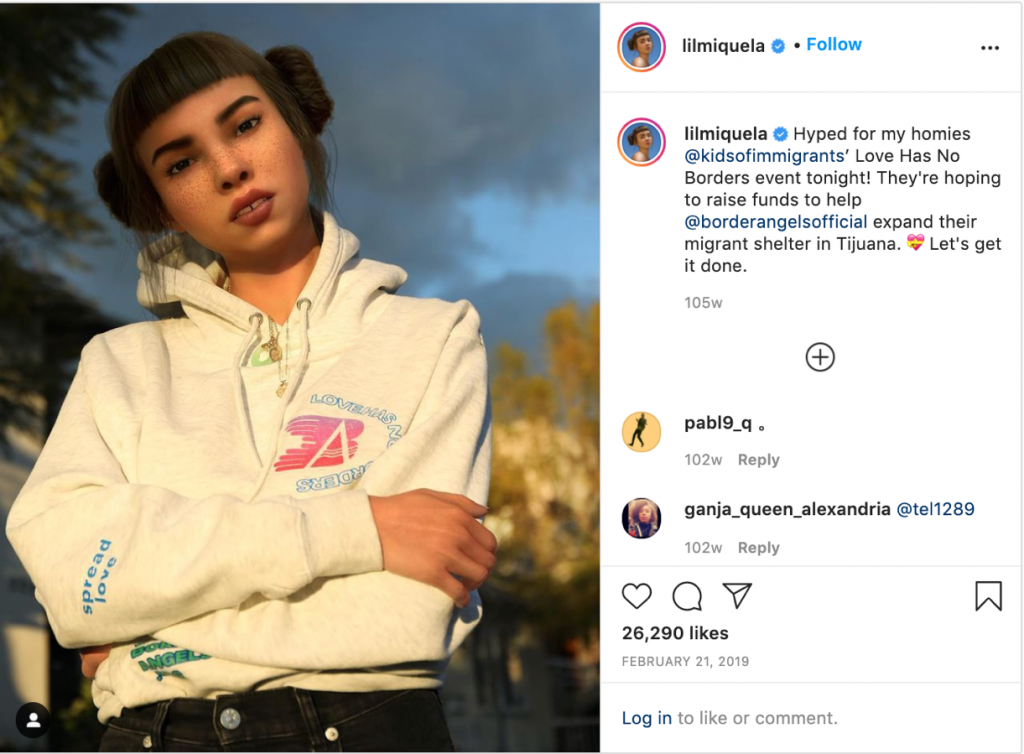 Instagram image of Lil Miquela wearing a white hooded top and bunches in her hair
