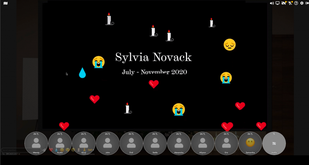 social media image commiserating with the passing of Sylvia Novack with lots of emojis