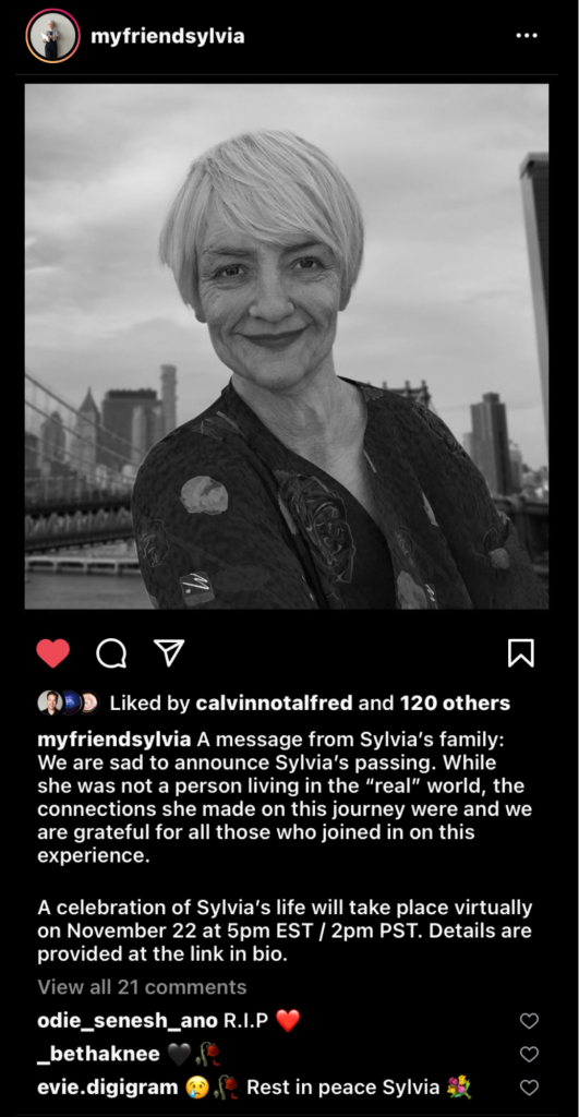 Instagram post showing older digitally rendered woman in black and white with short grey hair, announcing her death