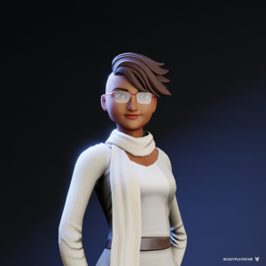 A computer-generated avatar of a black woman wearing a white dress and white scarf, with red glasses and short hair flicked to one side