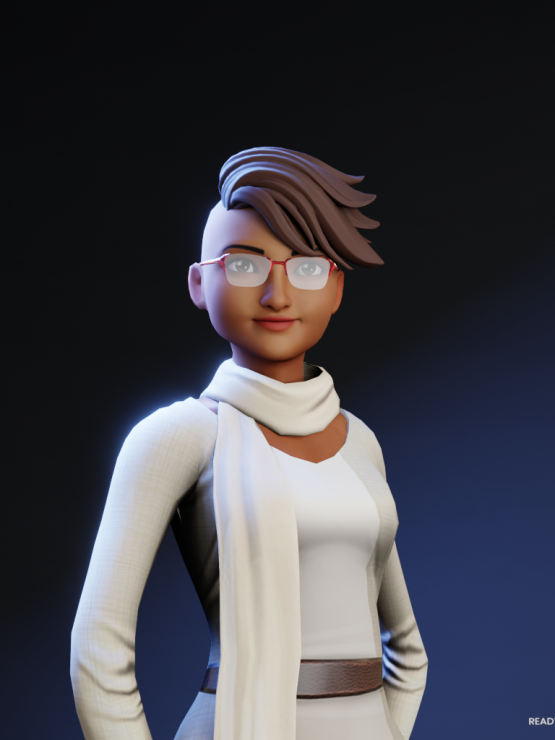 This is an avatar of Michelle to protect their identity. Michele's avatar is presenting a black woman wearing a white dress and white scarf, with red glasses and short hair flicked to one side