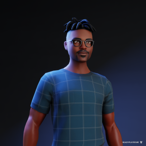 A computer-generated avatar of a Black man with a blue t-shirt, thick black glasses, a goatee and dreadlocks on the top of his head