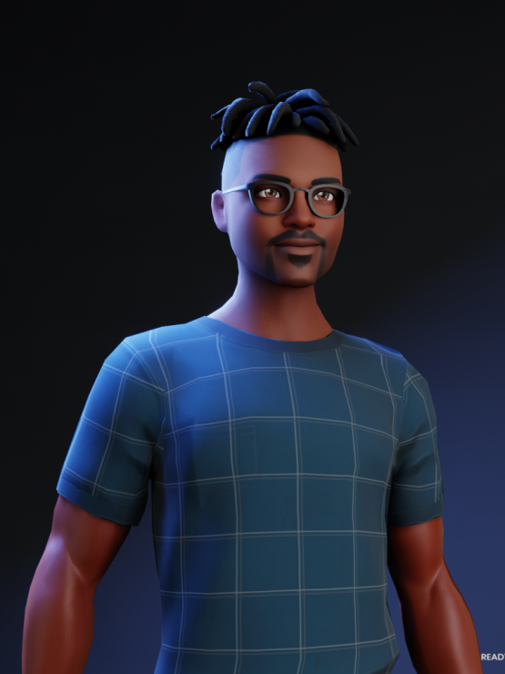 This is an avatar of Runako to protect their identity. Runako's avatar is presenting a black man wearing a blue checkered top, with black glasses and short black hair which is shaved at the sides