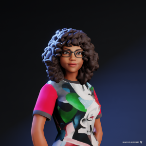 A computer-generated avatar of a black woman wearing a green, white and blue patterned top with bright pink sleeves, with black glasses and brown shoulder length hair.