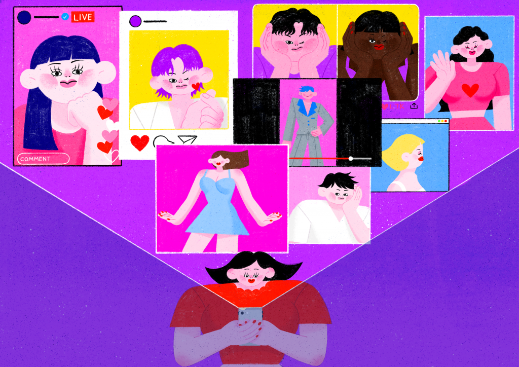 Illustration depicting a white women engrossed in the phone in her hand surrounded by various K-Pop stars in different social media windows.