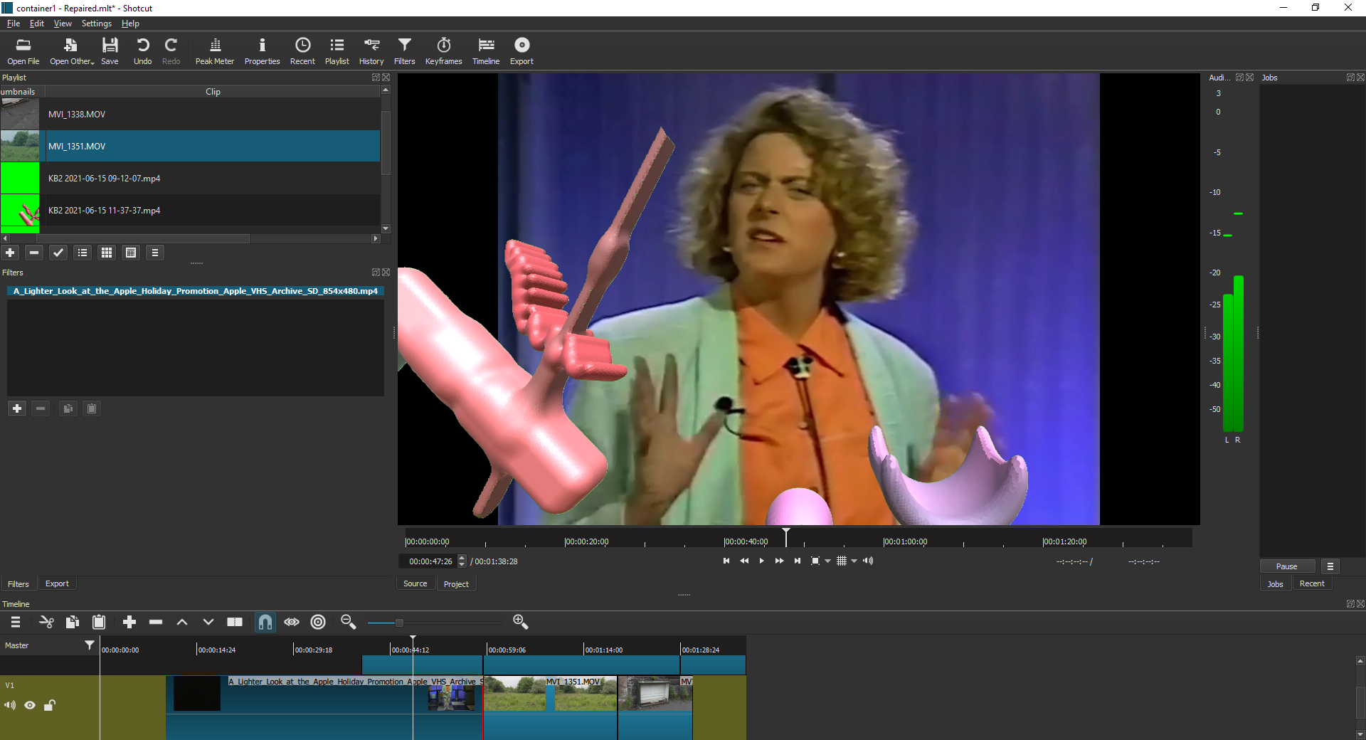 A video editing screen, with an image of a woman wearing an orange shirt in the top right corner, layered over with abstract shapes