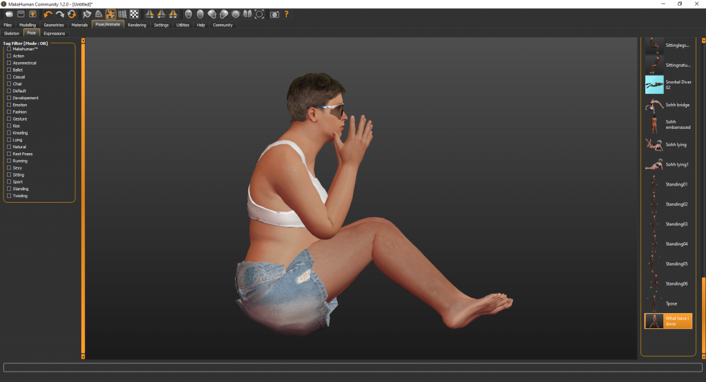 A computer-generated image of a human figure sitting in profile with legs stretched out. They have short brown hair and are wearing a white top and denim shorts