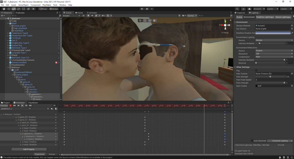 A computer generated image of two people kissing. They both have short brown hair. One wears sunglasses