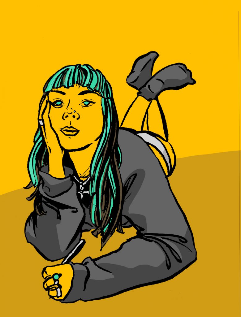 A self-portrait of artist Mereida Fajardo in comic book style. She is lying on the floor, chin propped on her hand. She has green hair and wears an oversized grey jumper