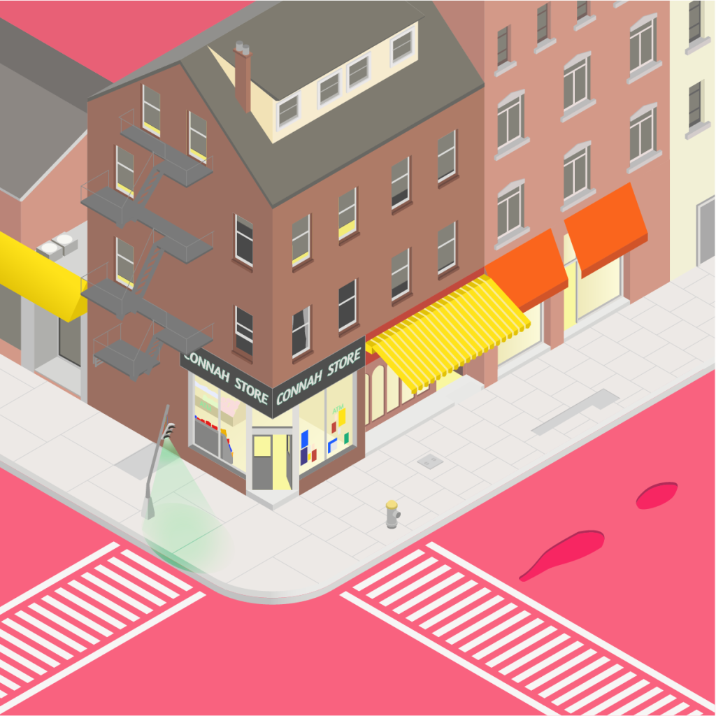 A digital drawing of a street corner in a city, with shops and a bright pink road. A streetlamp is bent and broken and there at potholes in the road