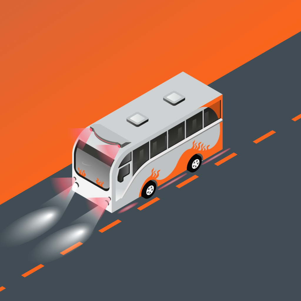 A digital drawing of a colourful bus with flame details on the sides, driving on a road with orange markings