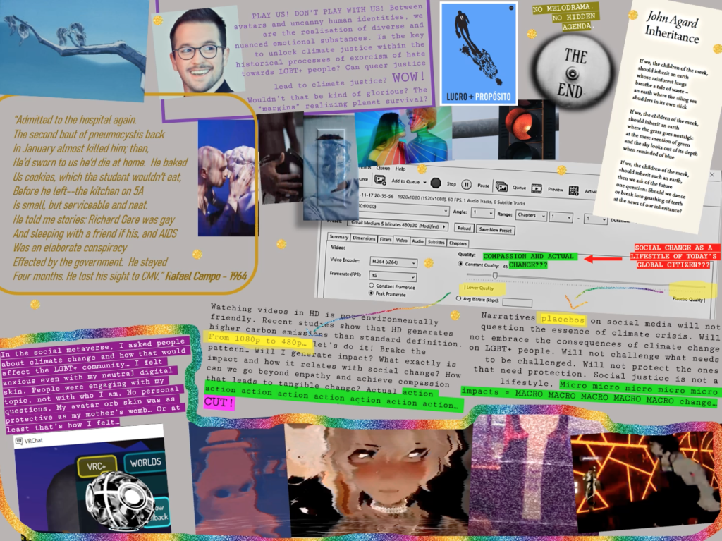 A collage of images and notes, including a poem by John Agard called Inheritance, a cartoon rainbow, a photograph of a white man wearing glasses, text about the metaverse, and pictures of online avatars