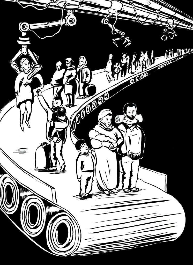 A black and white illustration of a couple and their two small children. They are at the end of a conveyor belt. Other people are being picked up by a mechanical claw