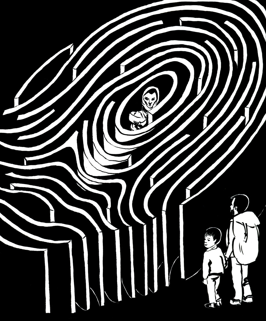 A black and white illustration of a fingerprint, which is also a maze. A woman and her baby are at the centre of the maze, while her husband and older child are stuck outside