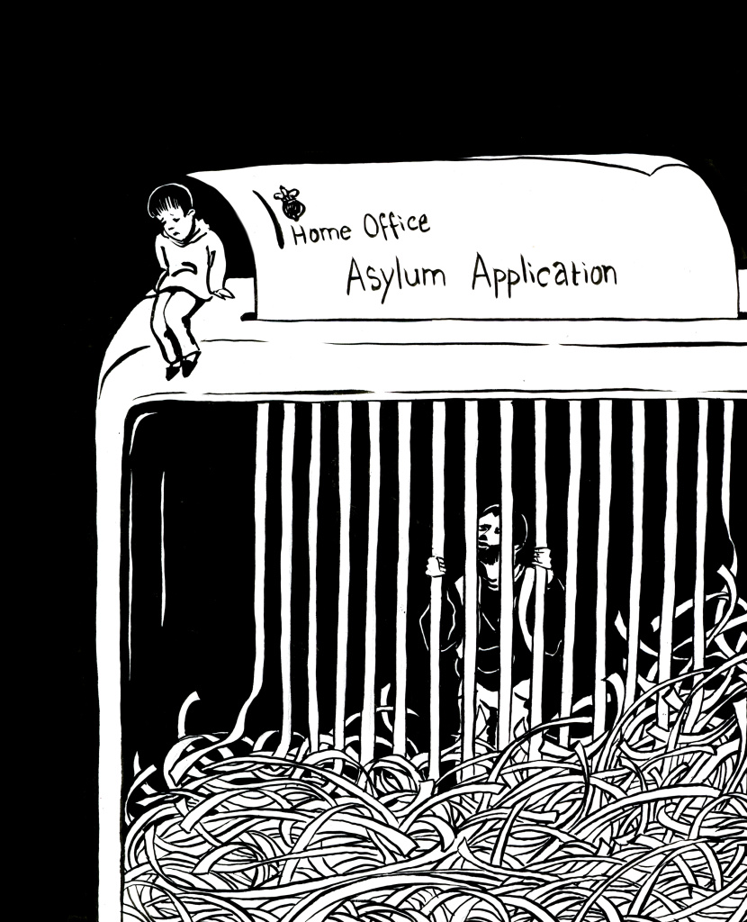 A black and white illustration of a shredder, with an asylum application being shredded. The strips of paper turn into the bars of a cage, trapping a man inside