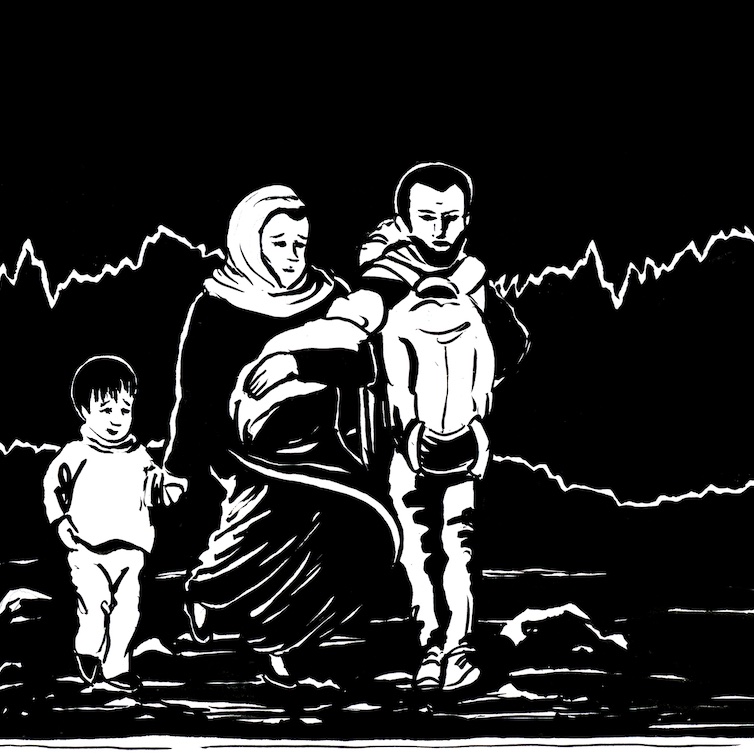 black and white illustration, family of figures walking, two parents and three young children, with lines of landscape that also represent the lines of a seismic display