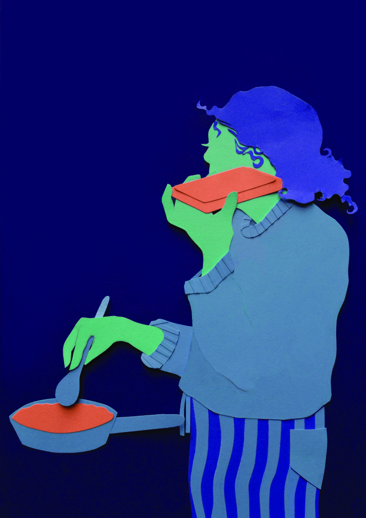 An illustration made out of colourful cut paper. A woman with curly blue hair is cooking a meal and listening to a voice note with her phone to her ear