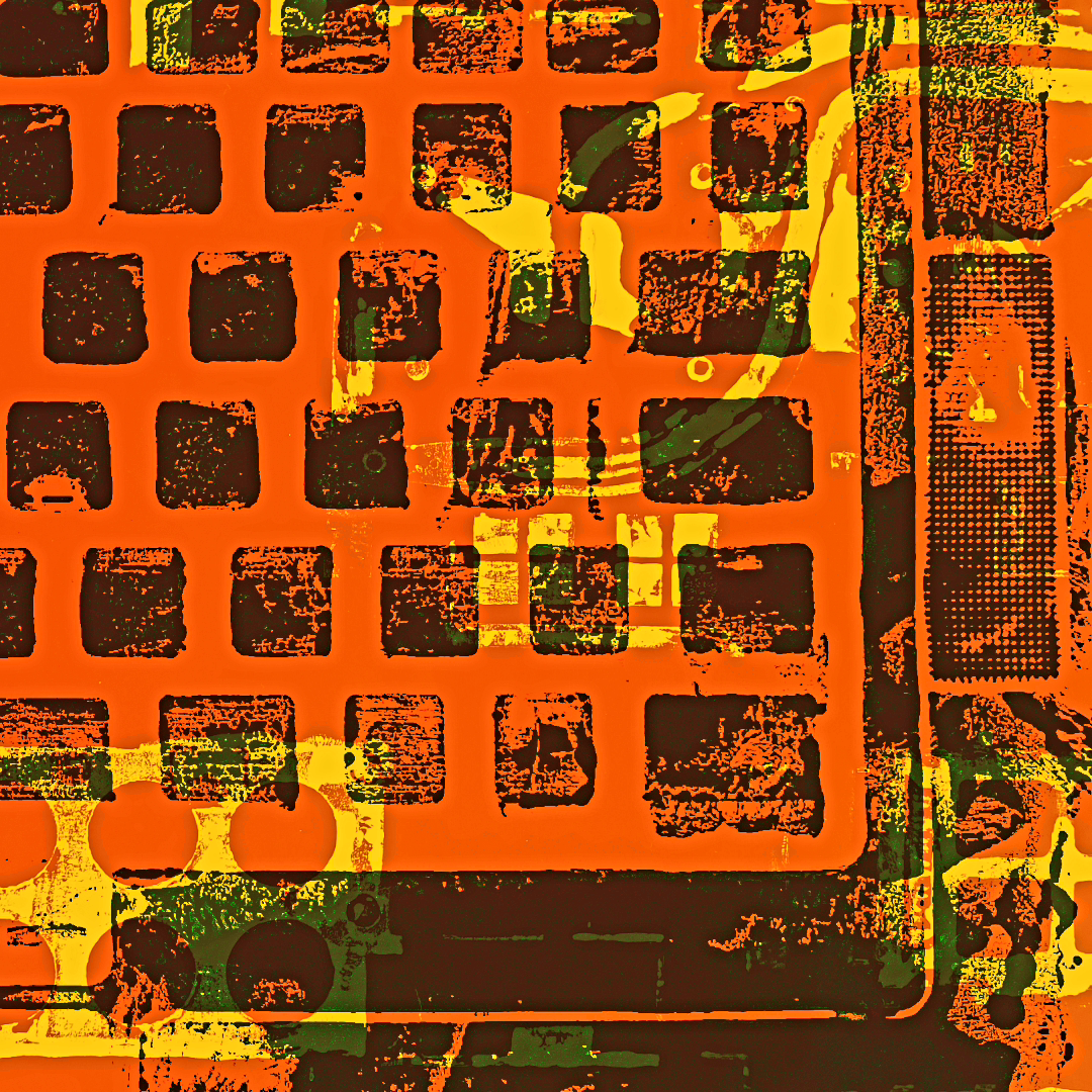 Red and yellow abstract screenprint of corner of keyboard