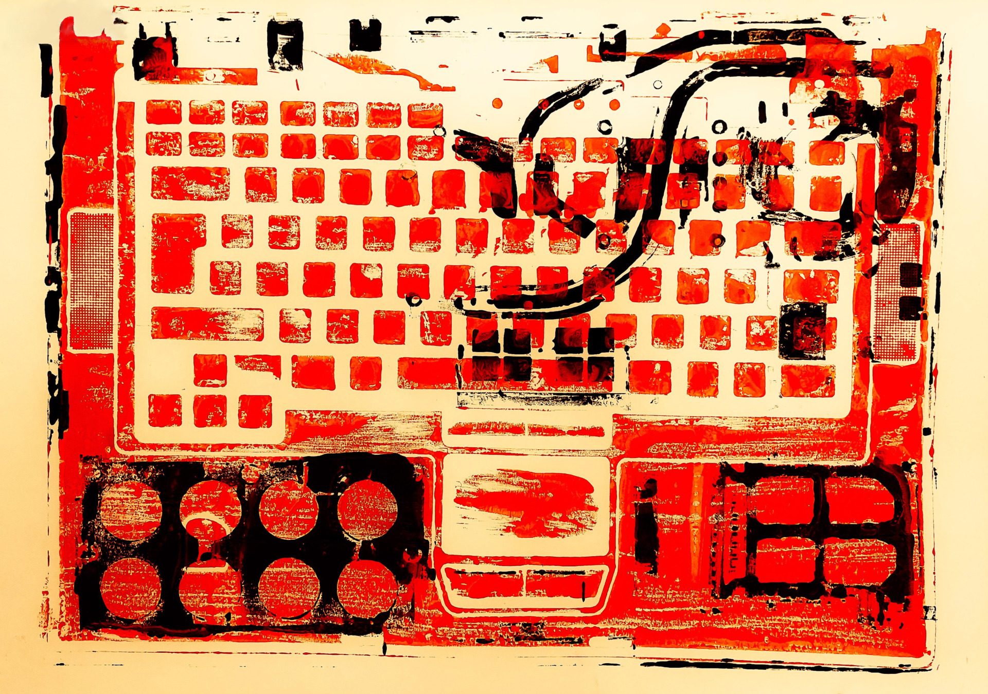 Red and black screenprint of keyboard