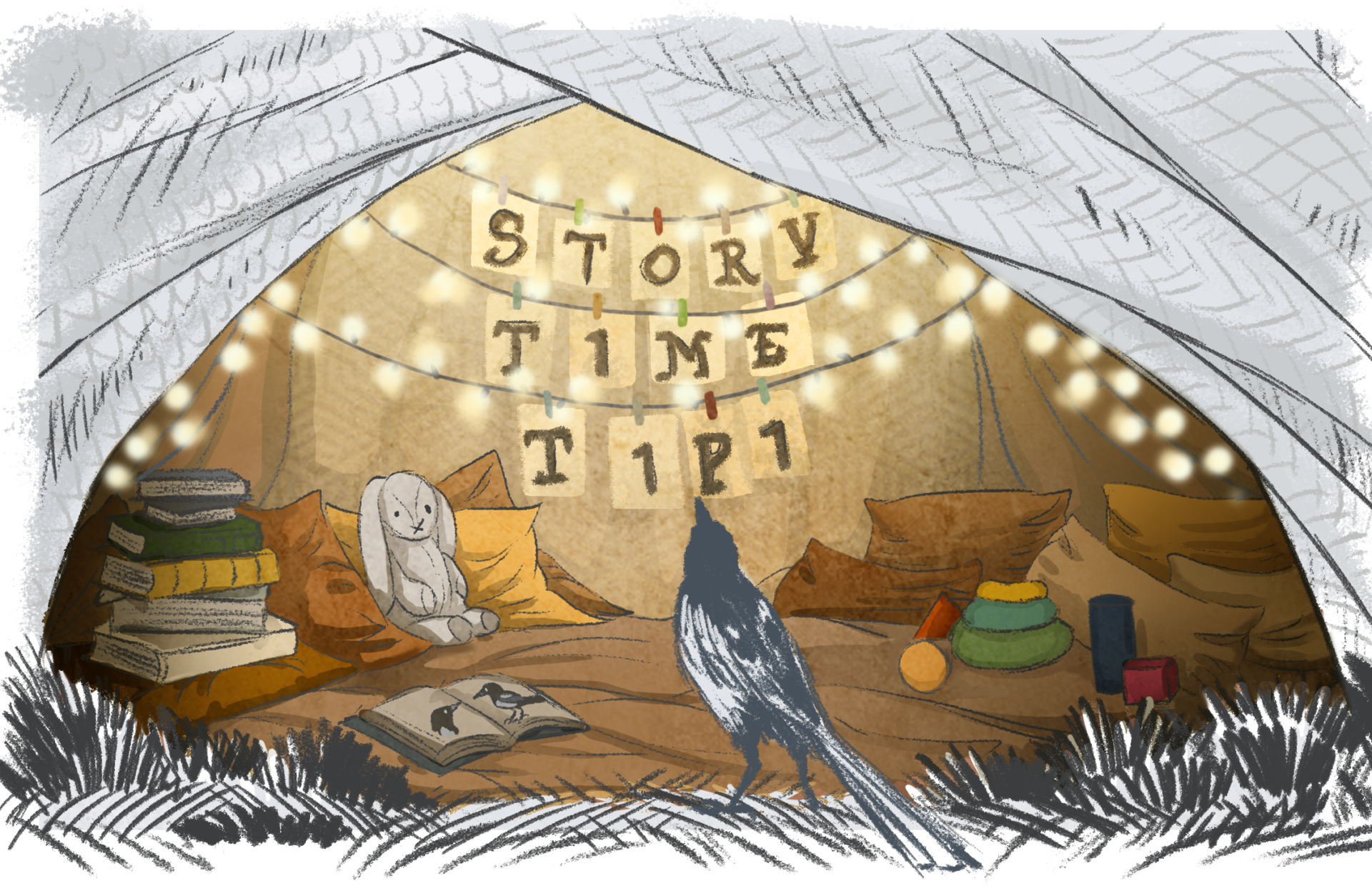 story time tipi poster shows a cosy nook with fairy lights and a crow looking up at the sign