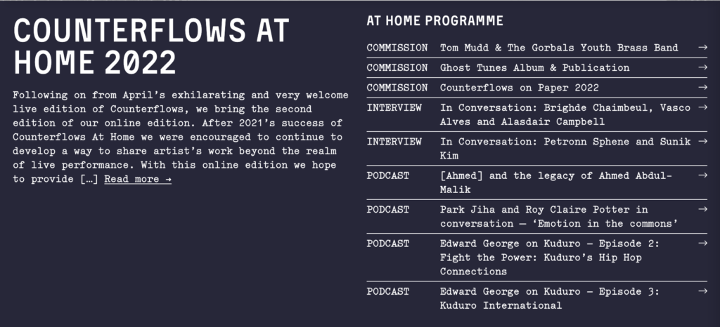 White text on black background outlining the podcasts and interviews available as part of counterflows at home programme