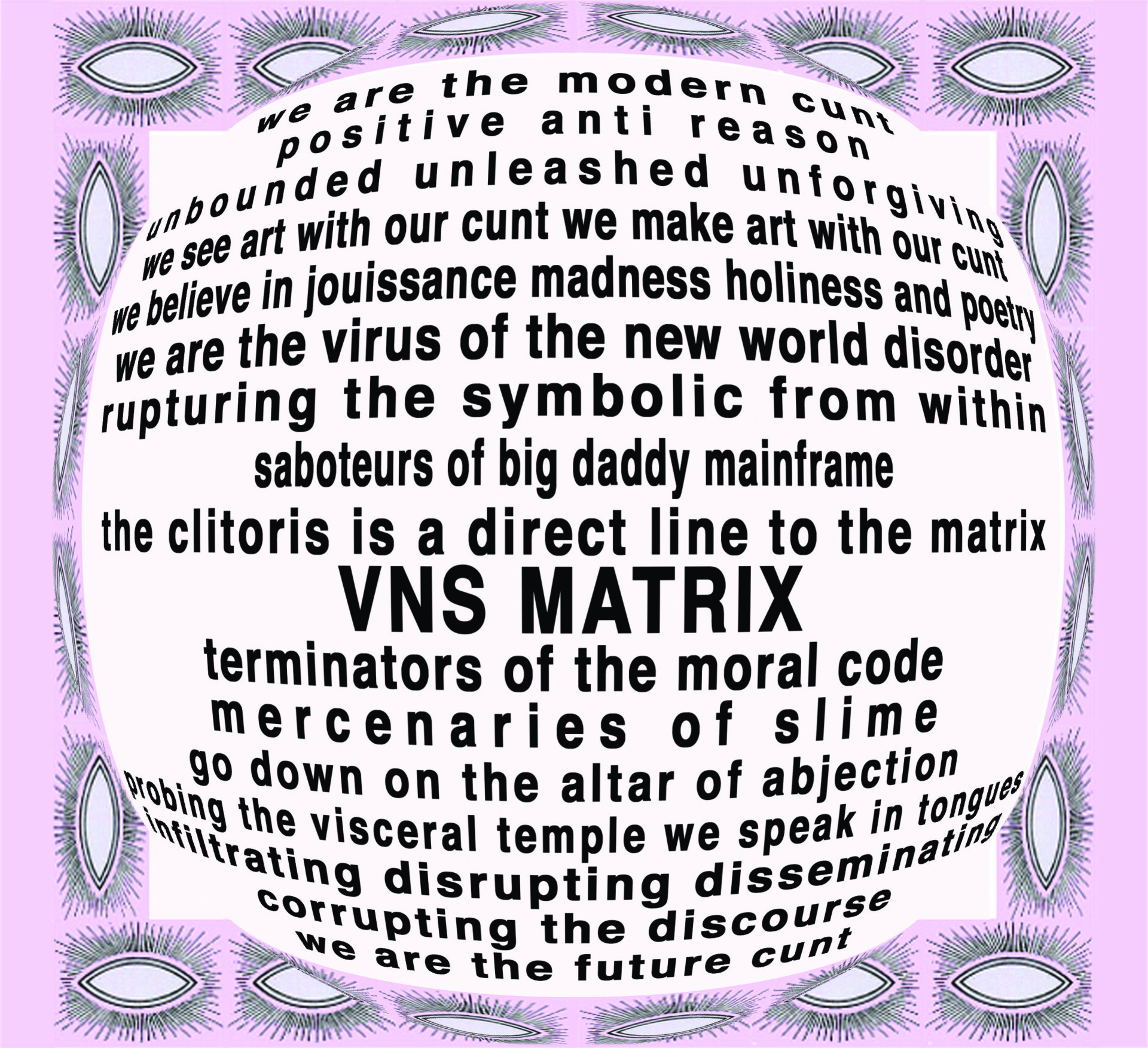 cyberfeminist manifesto text stretched across bubble on pink background