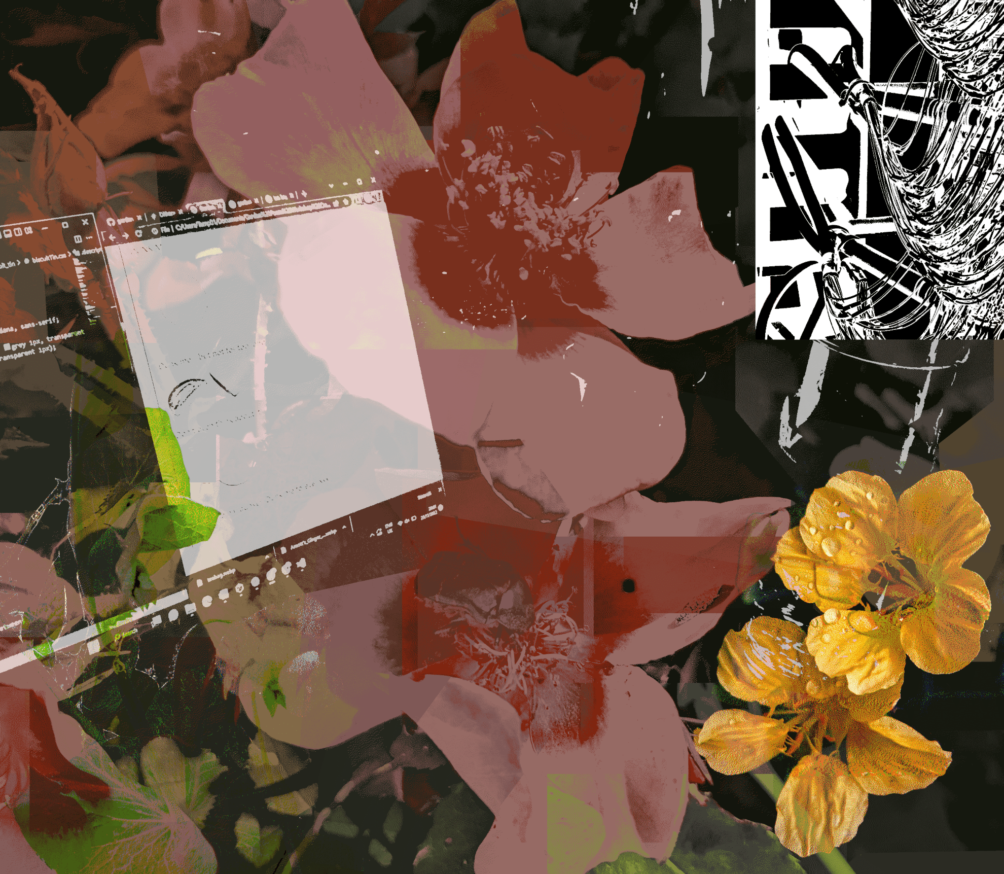 collage of images, flowers, laptop screen, server wires