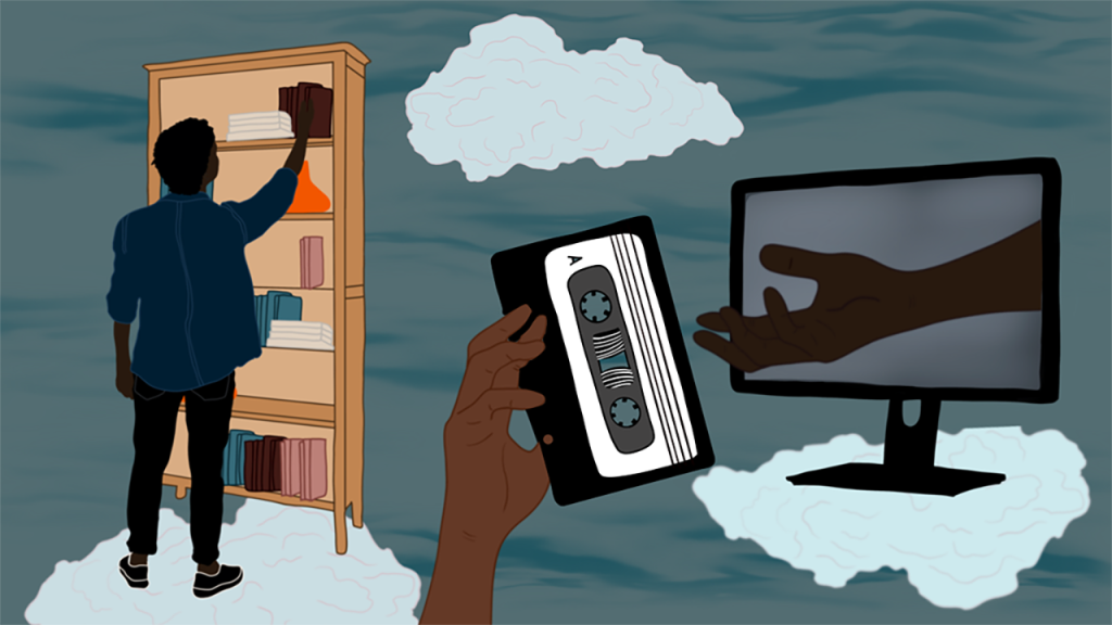 On a background of clouds and water, a figure on the left reaches up to the top shelf of a full bookcase, in the centre a hand holds up a cassette tape, and from a computer monitor to the right a hand reaches out, open palmed to receive the cassette