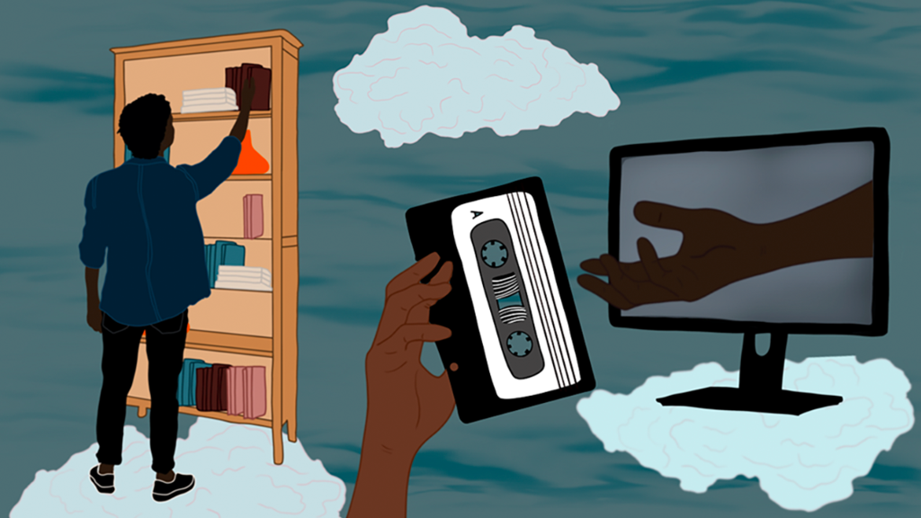On a background of clouds and water, a figure on the left reaches up to the top shelf of a full bookcase, in the centre a hand holds up a cassette tape, and from a computer monitor to the right a hand reaches out, open palmed to receive the cassette