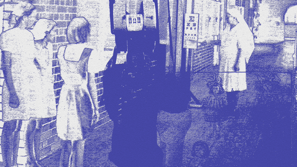 A collage in a sketch style of dolls and a robot arm layered over a photo of schoolgirls taking an eye test with a chart