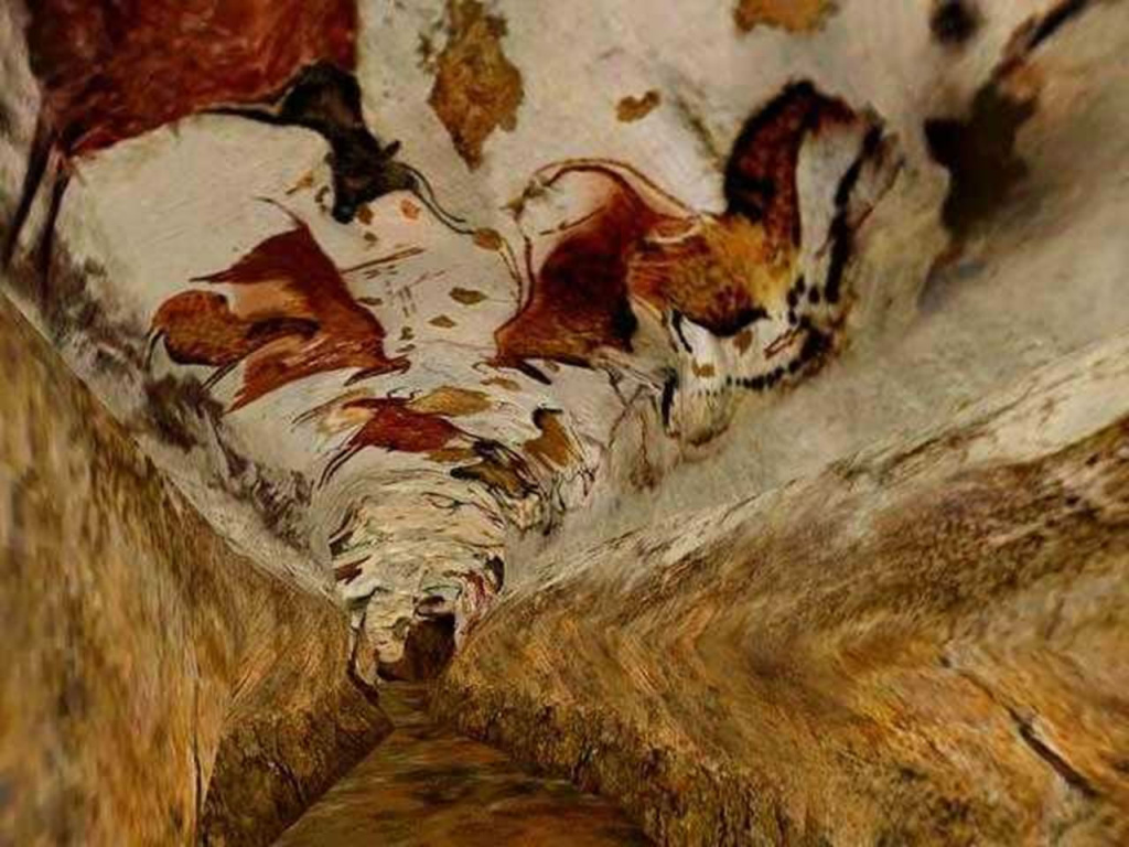 a 3d model painted cave environment viewed in first person, with many paintings of cows, horses and other animals on the ceiling, the cave is long and straight