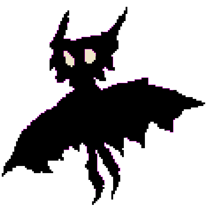 a silhouette sketch of a bat with anthropomorphic legs and big white eyes, outlined in purple