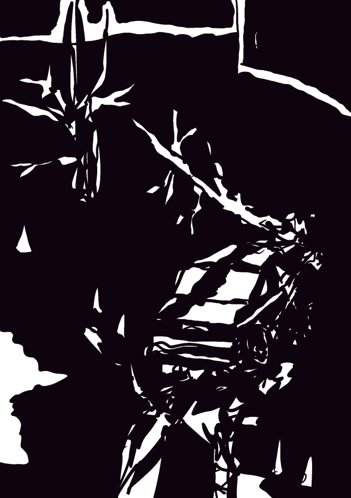 Illustration of a car crashed off the road into a forest or rocks. A black and white silhouette style.