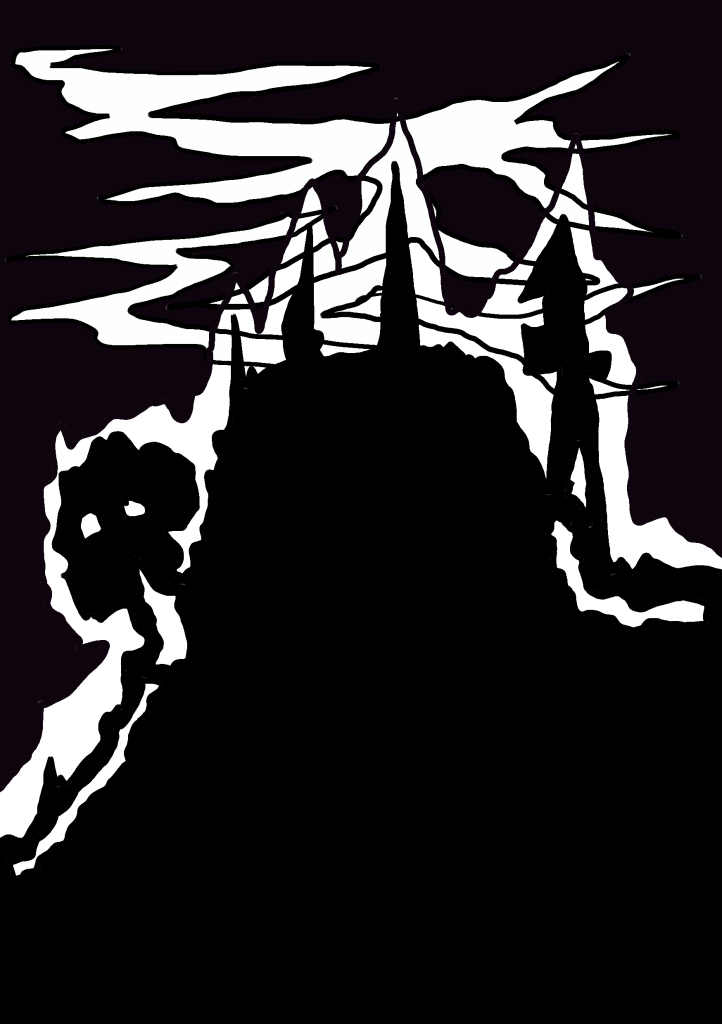 A illustration of a gothic silhouette of a castle on a stormy night