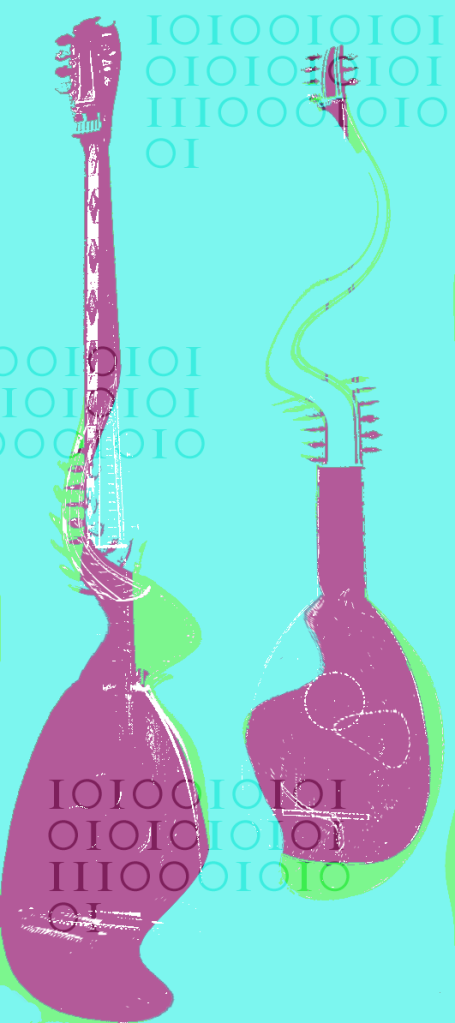 colourful collage of two stringed instruments and binary text
