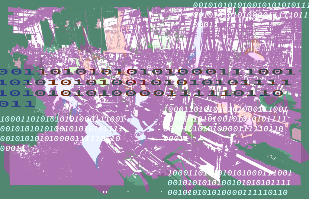 A loom factory floor collaged with overlaid binary text