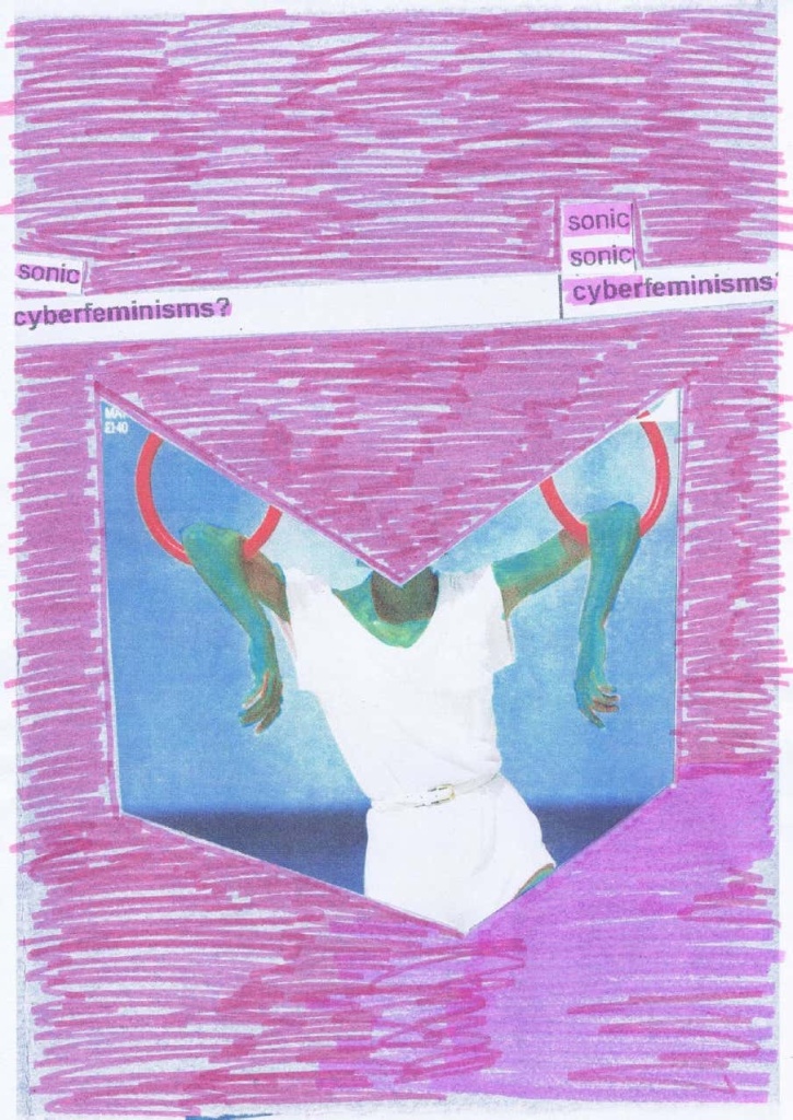 Zine front cover, felt pen scribbling and cutout of gymnast, with the repeated text sonic cyberfeminisms