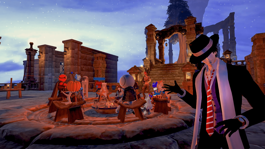 Campfire in a 3d world surrounded by figures of various types and styles, being gestured to invitingly by a masculine figure in a cloak and hat