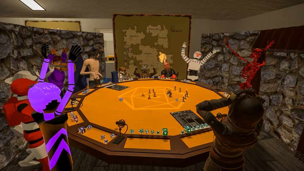 VRChat screenshot of a DND game occurring in around a 3D table with a collection of avatar figures of different styles and sizes