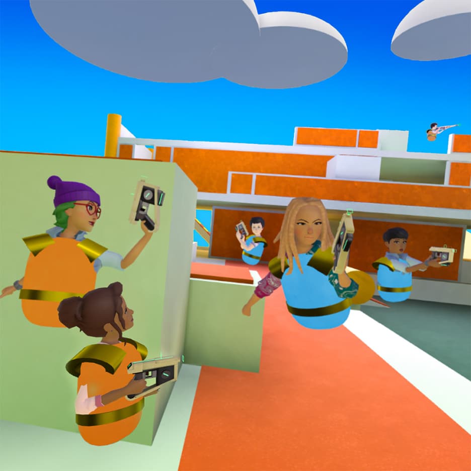 Meta Horizon Worlds, a group of figures which have similar shapes and styles playing a game of laser tag