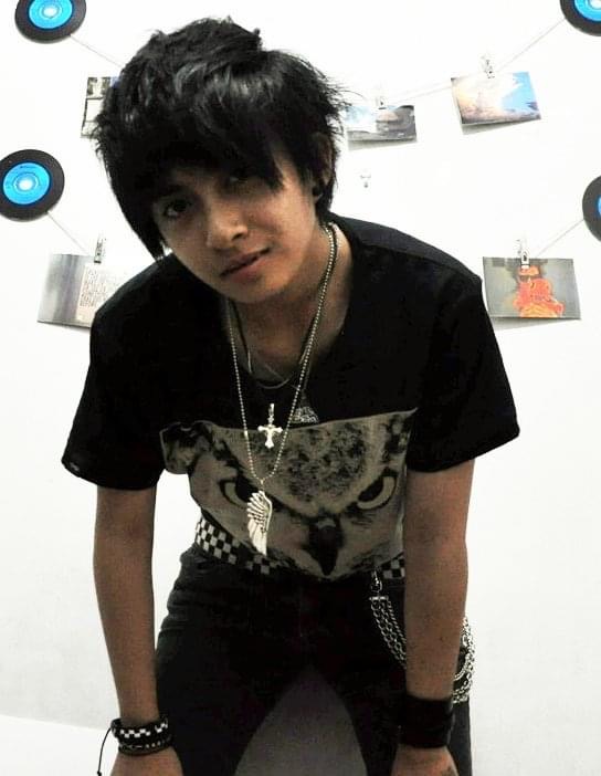Image of masculine young emo-punk person in an owl tshirt posing in front of camera with wall of photos behind