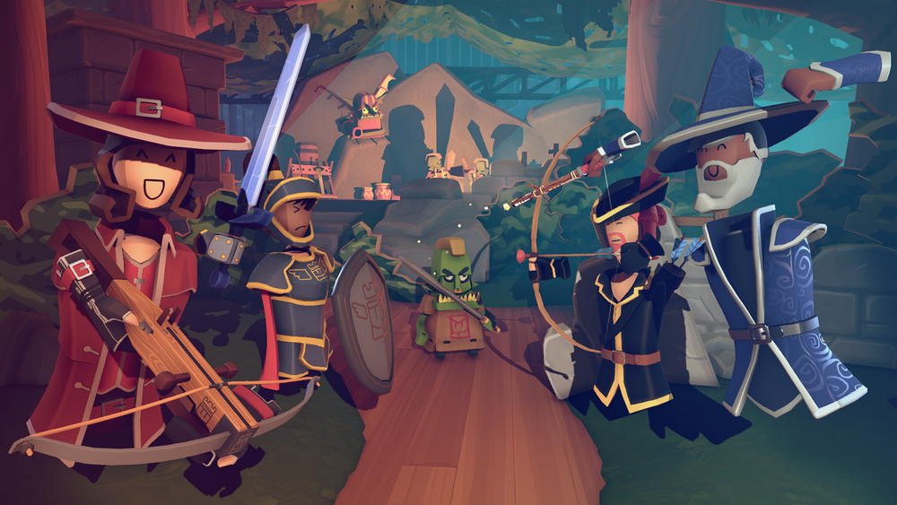Rec Room screenshot of capsule shaped figures in different fantasy medieval outfits on a low poly 3d stage of a mountain forest environment