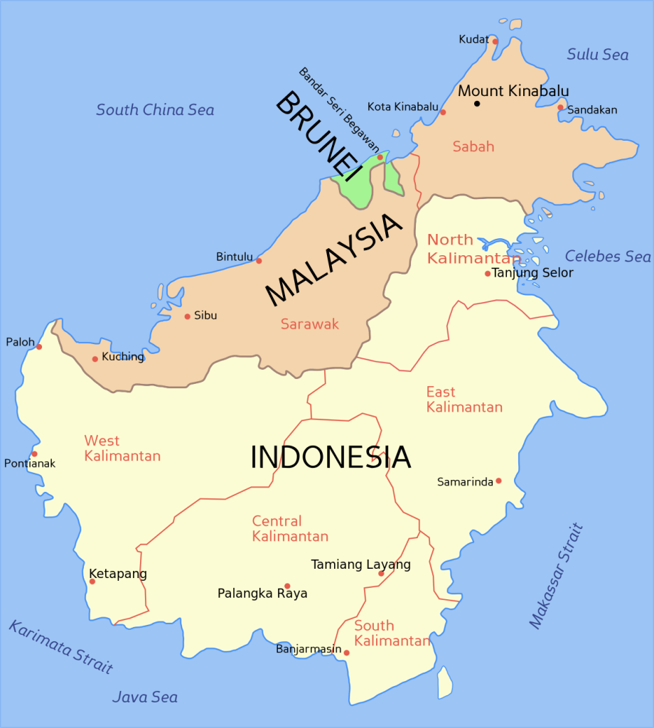 A map of Borneo with English place names