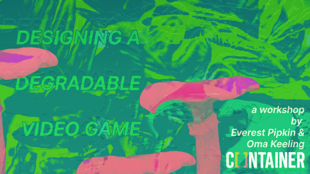 text 'Designing A Degradable Video Game' on a colorised red and green background of mushrooms and forest collage