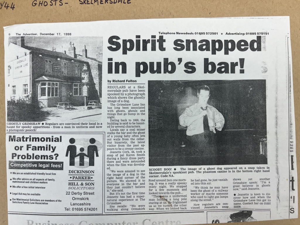a newspaper cutting for a story 'spirit snapped in pubs bar!'